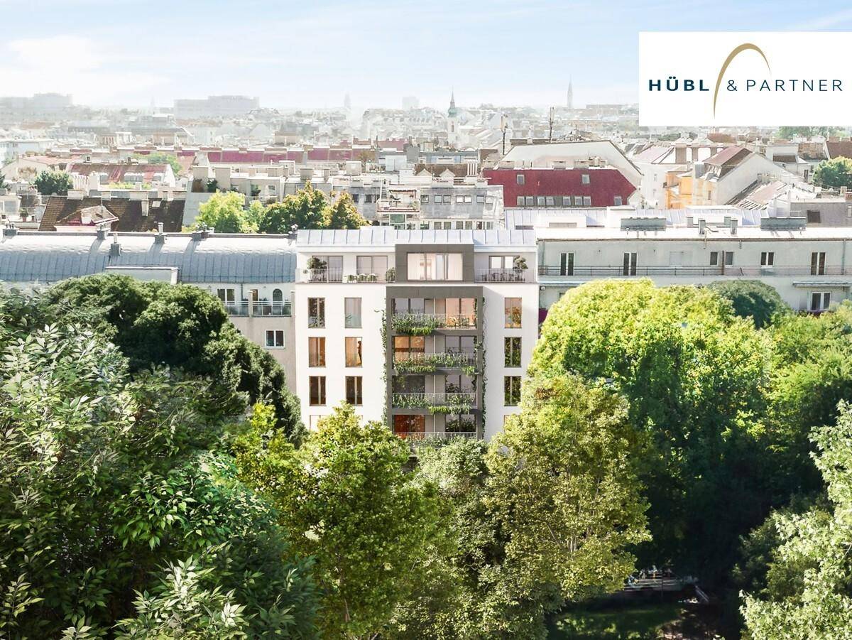 Moderne Wohnfassade mit vertikalen Gärten und Blick auf die Stadtlandschaft.
