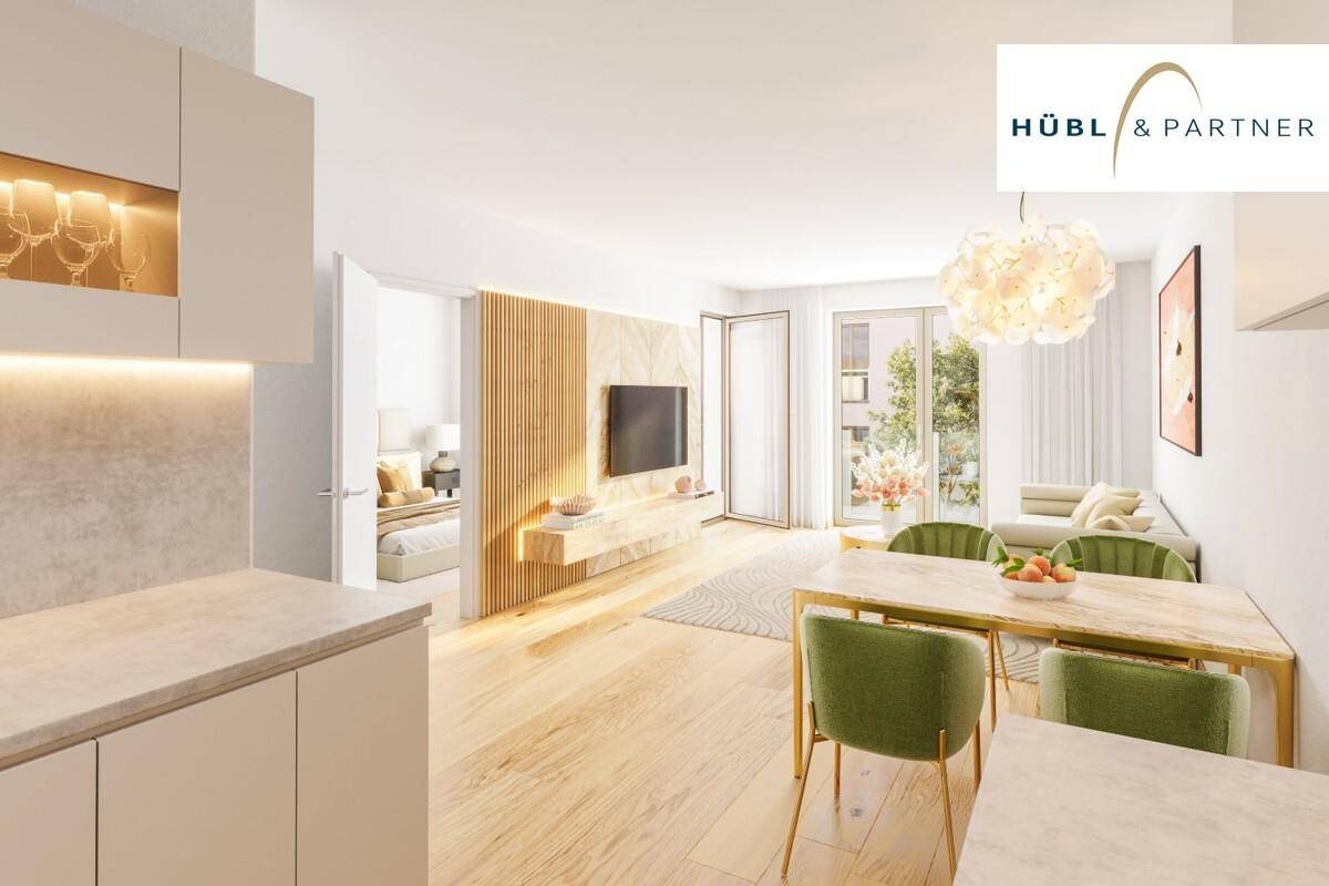 Heller offener Wohn- und Essbereich mit Holzboden, moderner Einrichtung und Zugang zum Schlafzimmer.