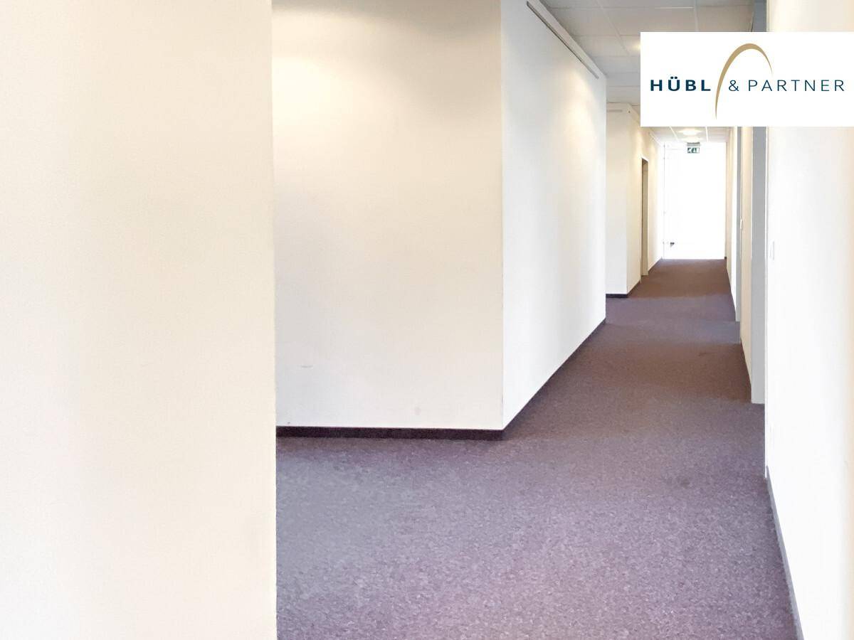 Langer, heller Flur mit Teppichboden und weißen Wänden, der zu weiteren Büroräumen führt.