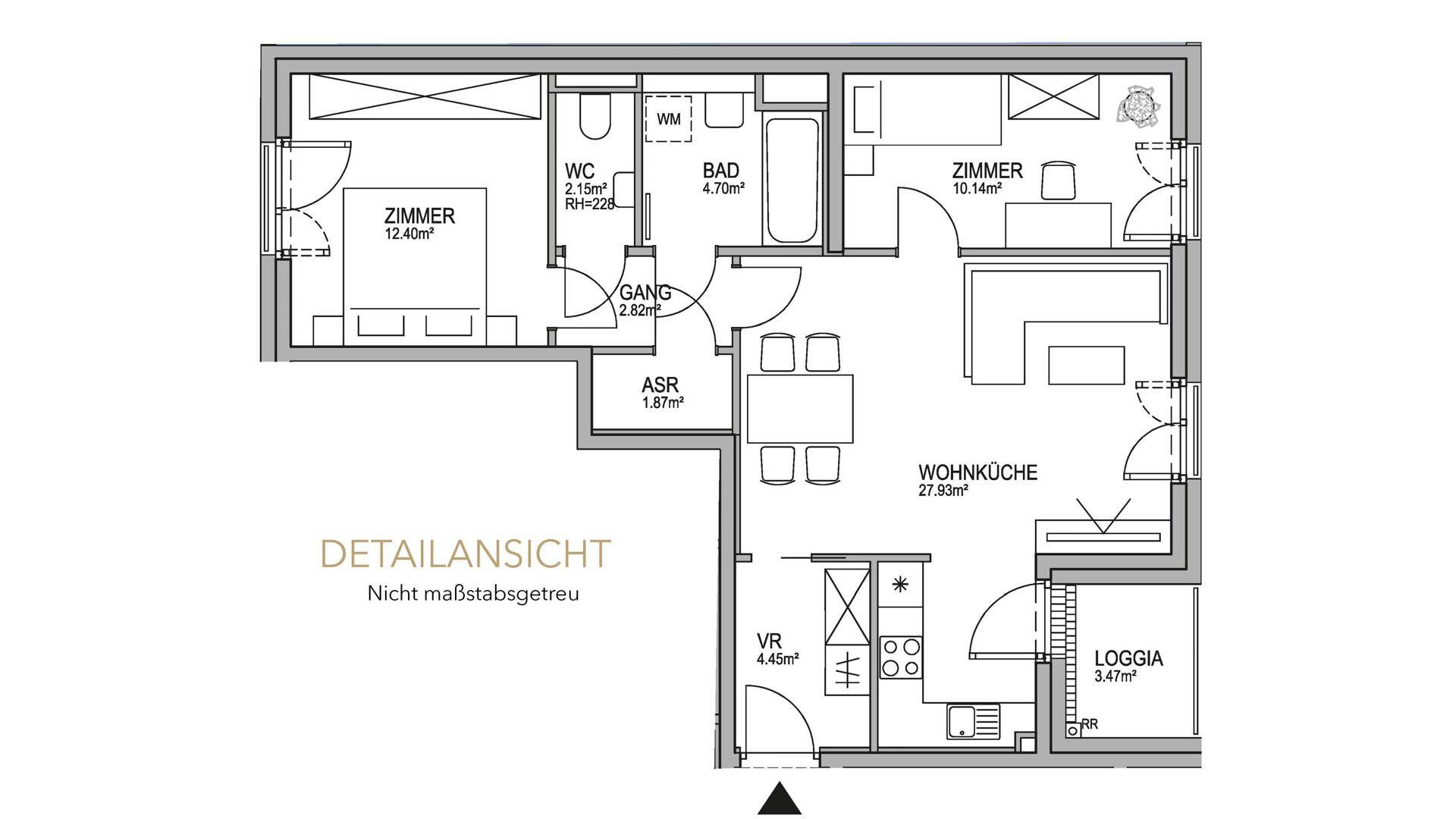 Detaillierter Grundriss einer Wohnung mit zwei Schlafzimmern, Wohnküche und Loggia.