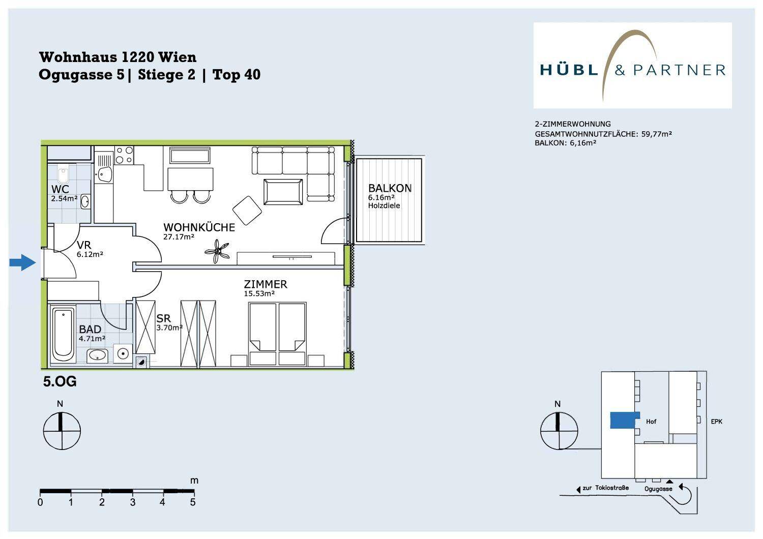 Grundriss einer 2-Zimmer-Wohnung mit Balkon, Wohnküche und separatem WC.