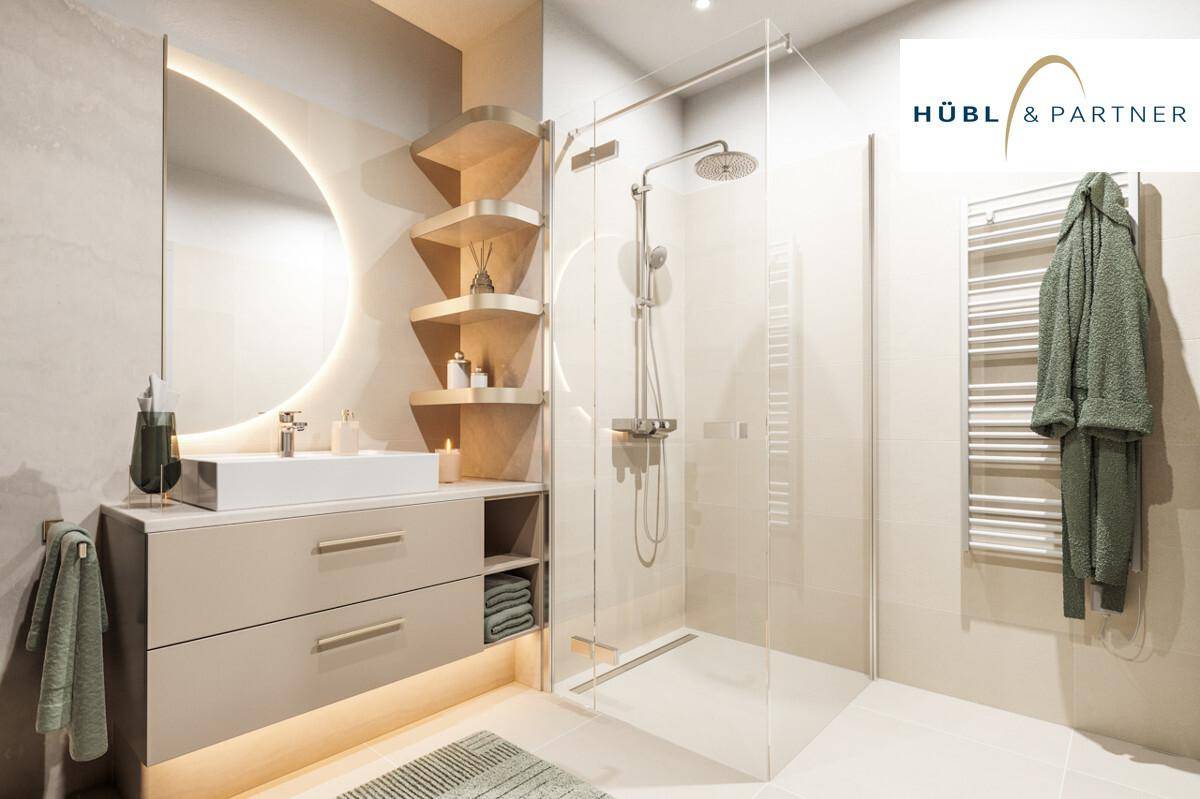 Modernes Badezimmer mit begehbarer Dusche, Einzelwaschbecken und beheiztem Handtuchhalter.