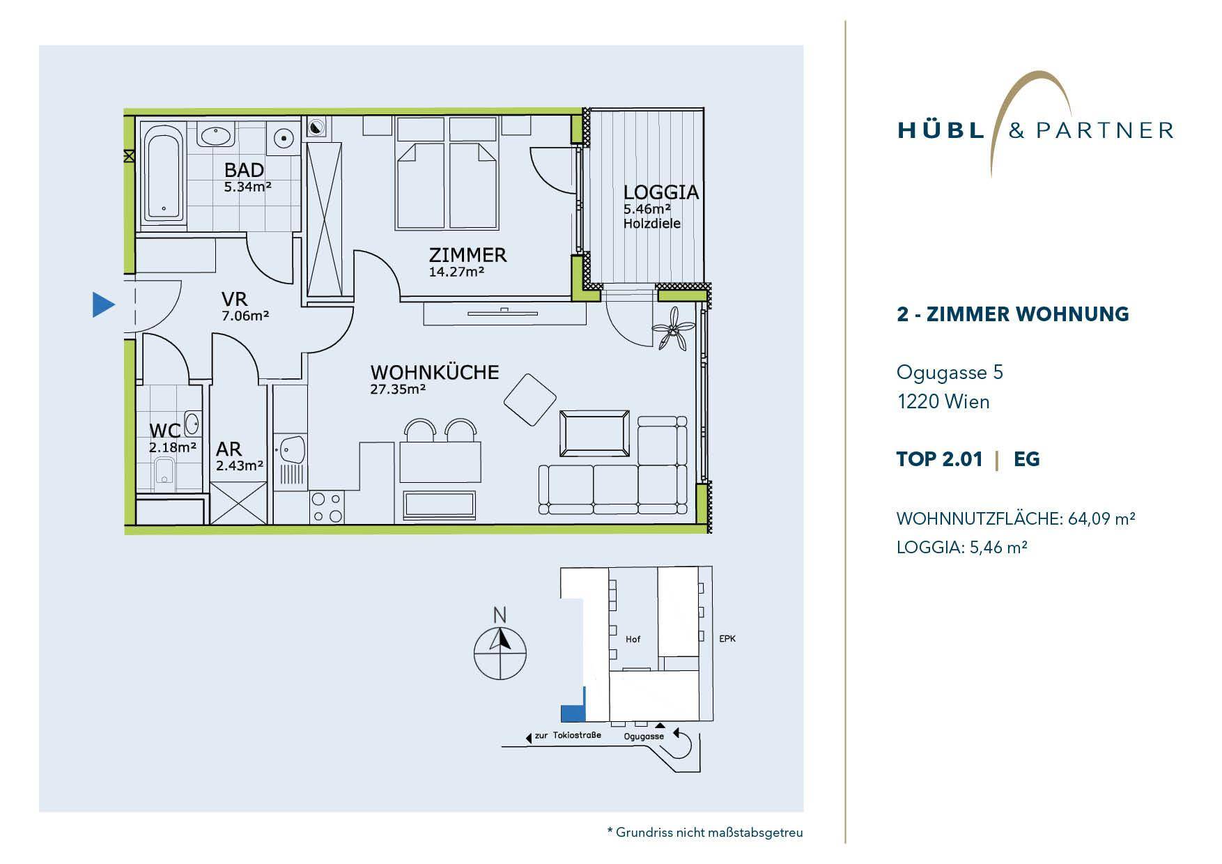 Grundriss einer 2-Zimmer-Wohnung mit Loggia, Bad, WC und offener Wohnküche.