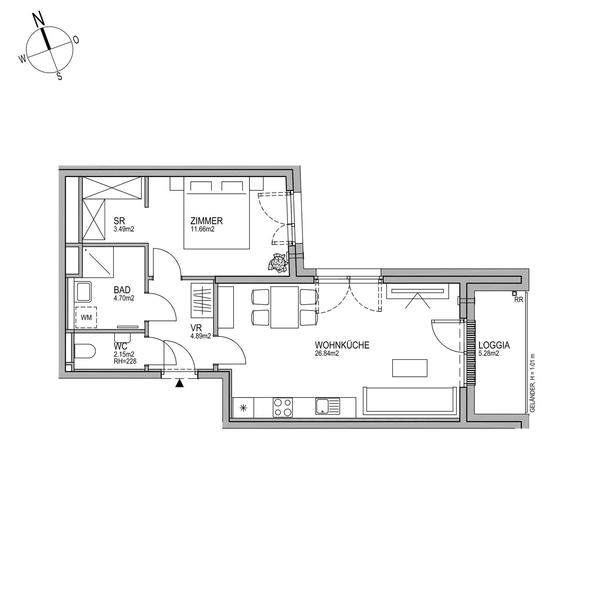 Grundriss einer Wohnung mit Wohnküche, Schlafzimmer, Bad, WC und Loggia.