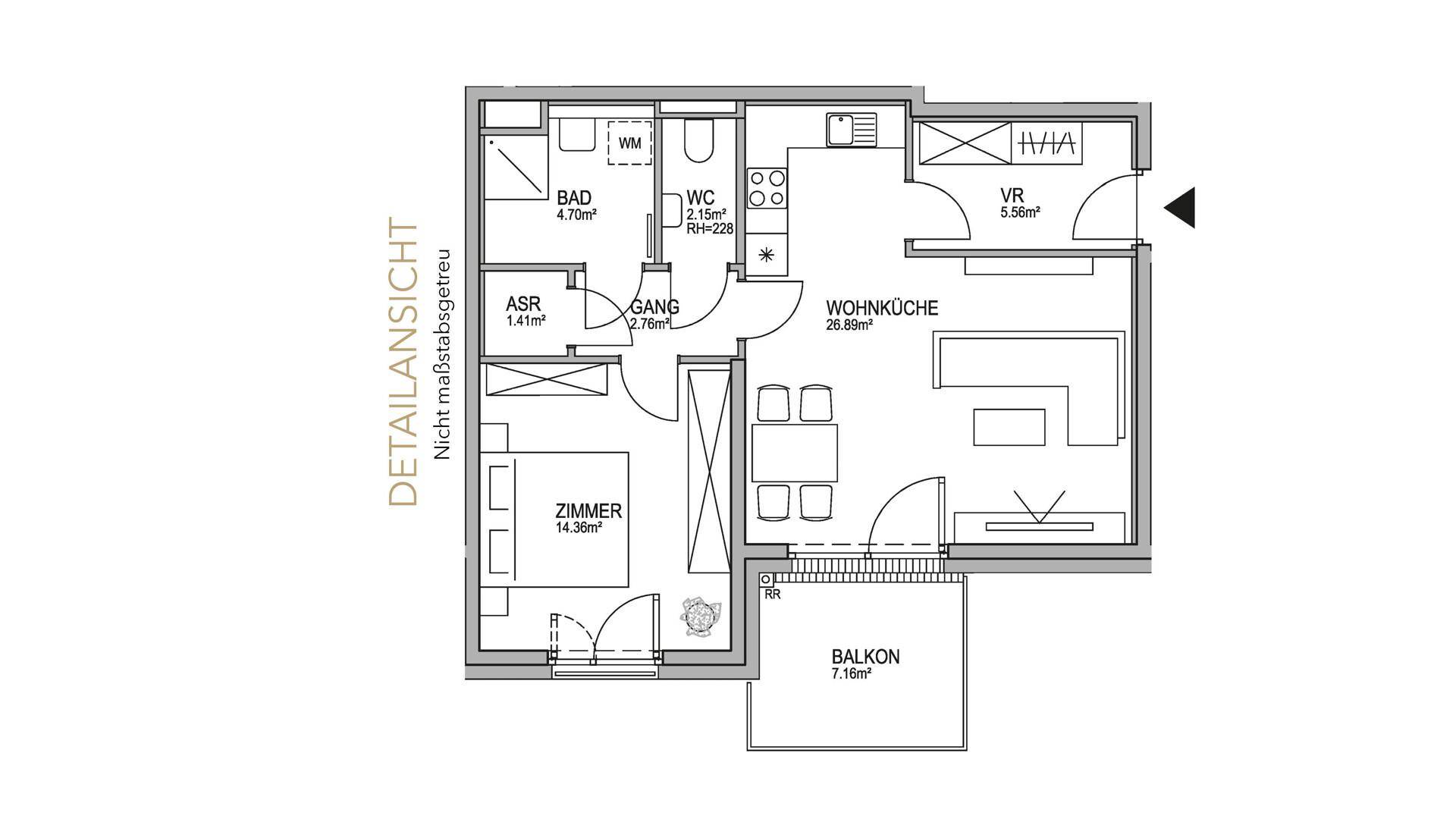Detaillierter Grundriss einer Wohnung mit Wohnküche, Schlafzimmer und Balkon.