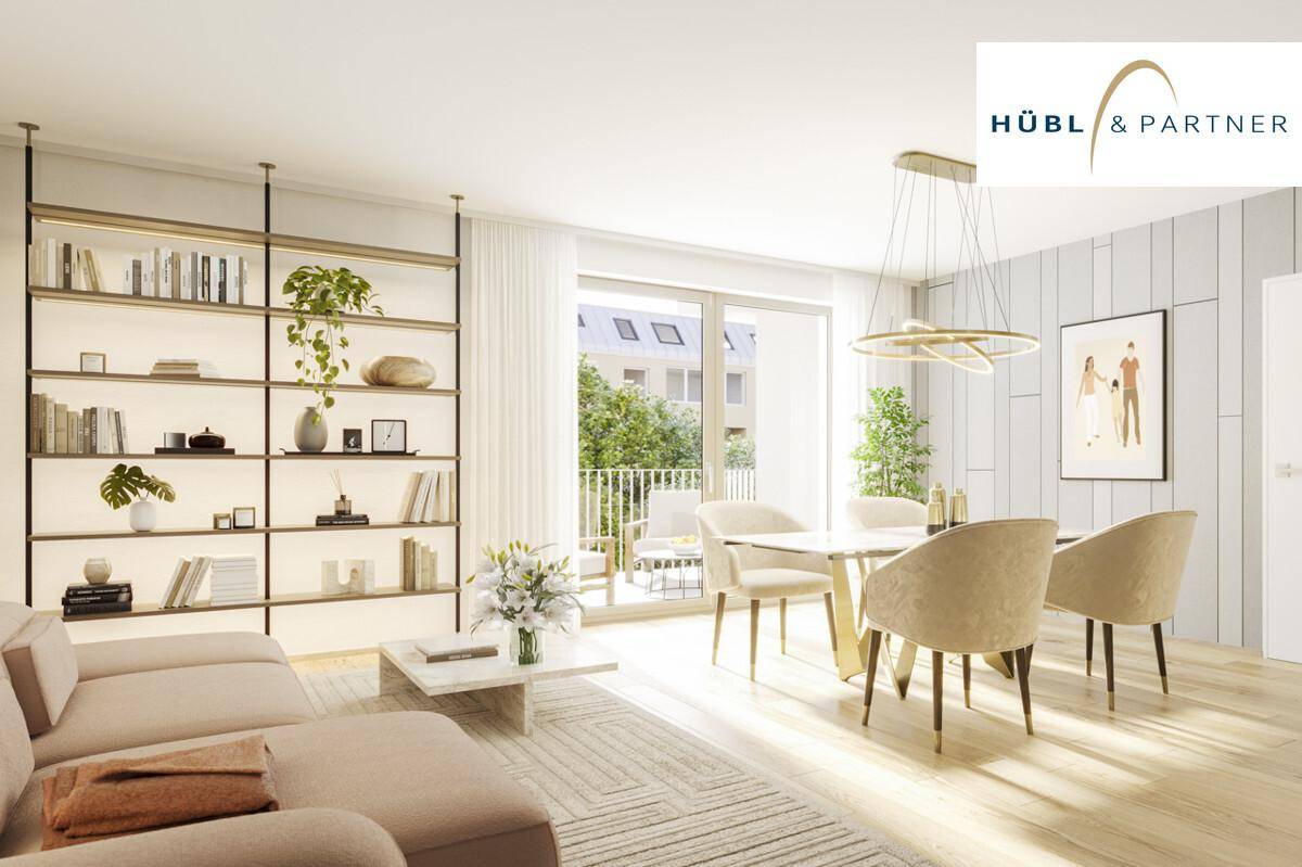 Heller Wohn- und Essbereich mit modernem Design, Parkettboden und Zugang zum Balkon.