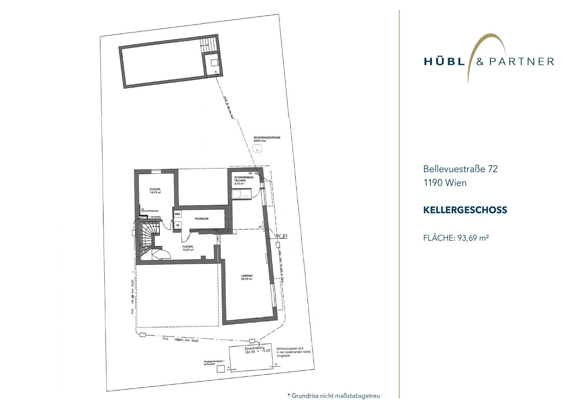 Grundriss des Kellergeschosses mit Abstellräumen und Technikbereich.