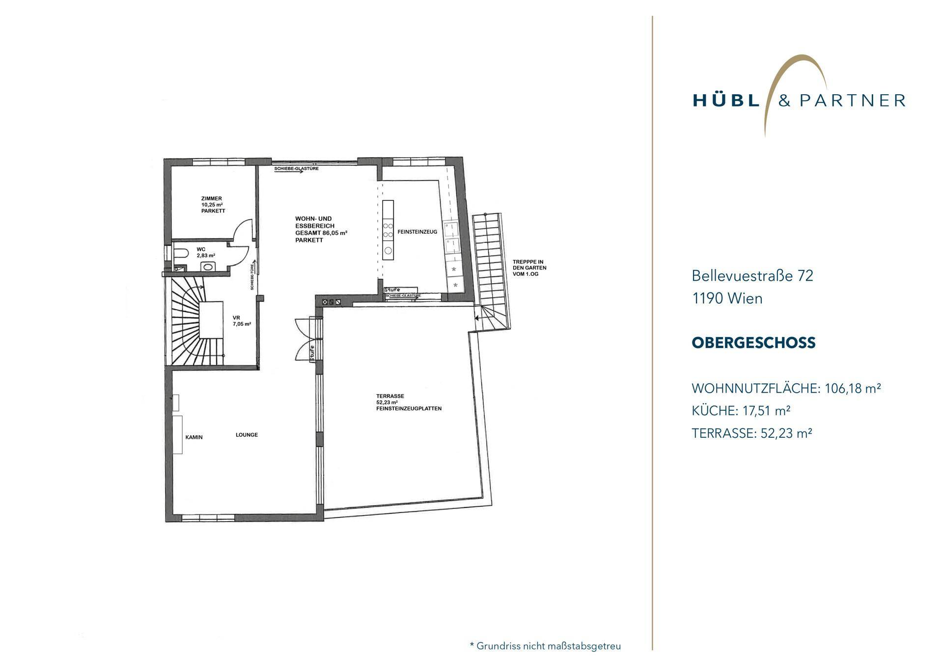 Grundriss des Obergeschosses mit Wohn- und Essbereich, Küche und großer Terrasse.