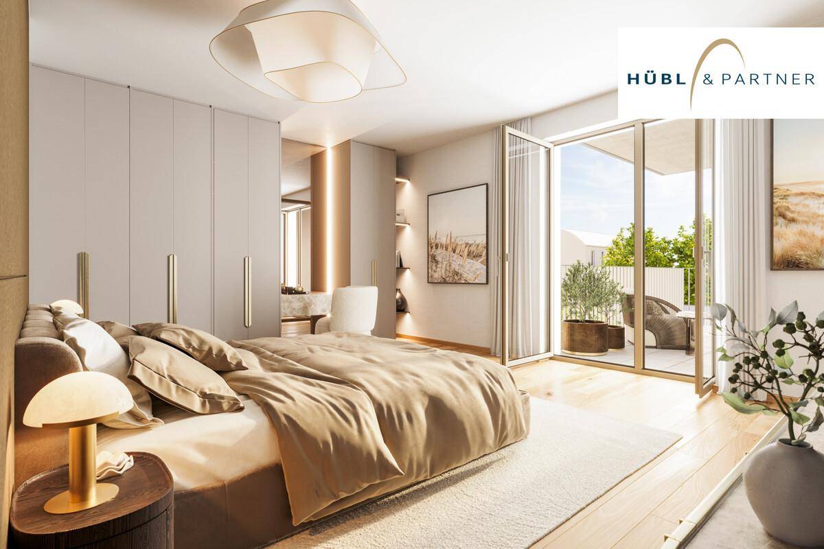 Geräumiges Schlafzimmer mit modernem Interieur, Holzboden und direktem Zugang zum Balkon.