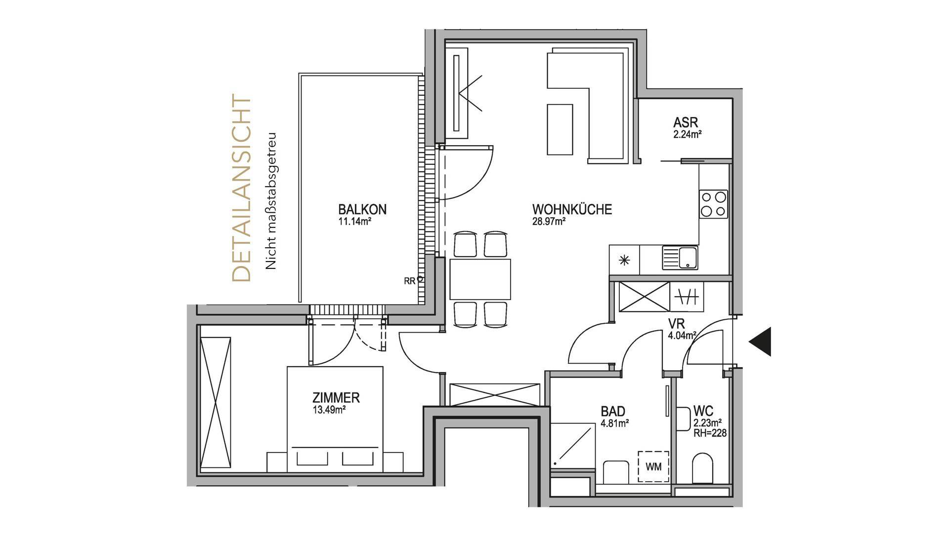 Detaillierter Grundriss einer Wohnung mit Wohnküche, Schlafzimmer, Bad und Balkon.