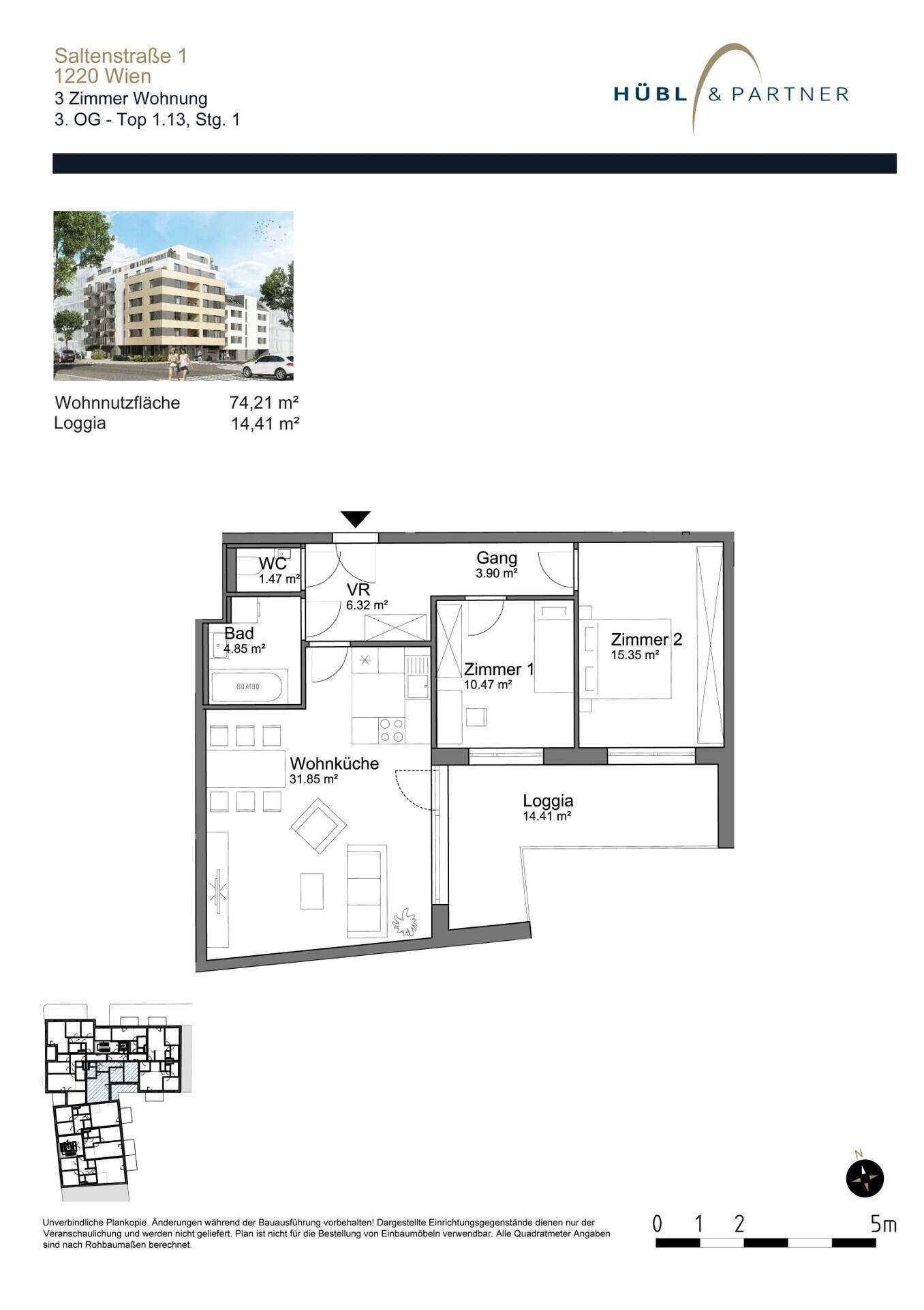 Grundriss einer 3-Zimmer-Wohnung mit Wohnküche, zwei Schlafzimmern und Loggia.