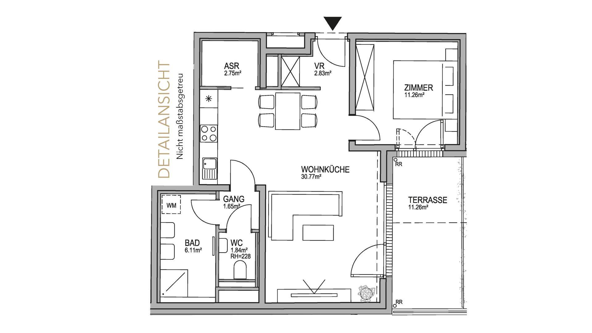Detaillierter Grundriss einer Wohnung mit Wohnküche, Schlafzimmer und Terrasse.