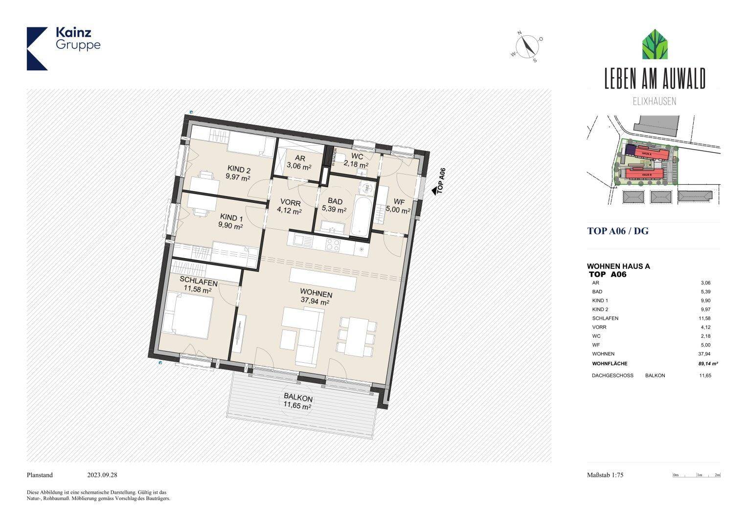 Grundriss der Dachgeschosswohnung TOP A06 mit drei Schlafzimmern und Balkon.
