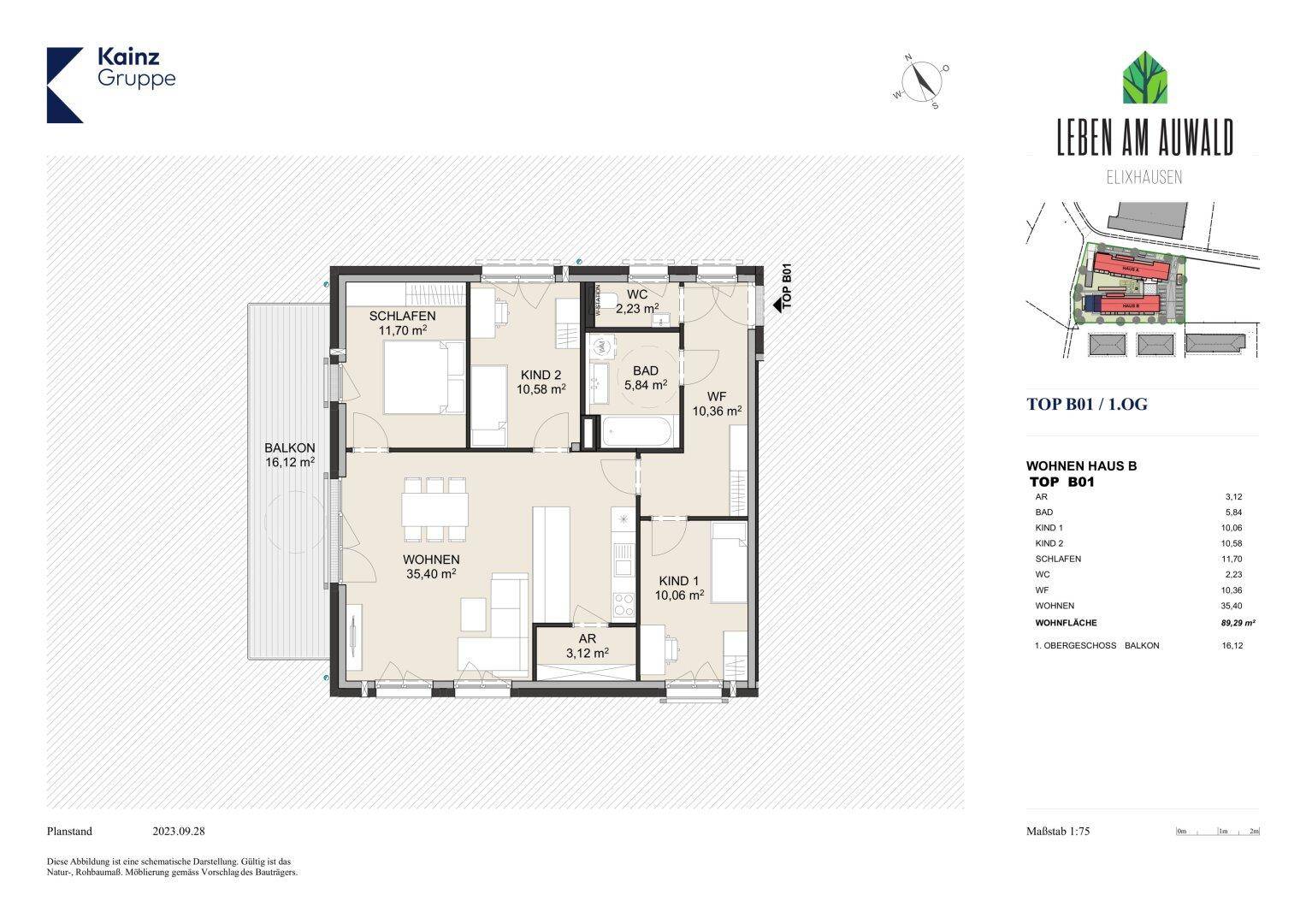 Grundriss einer Wohnung mit offenem Wohnbereich, zwei Schlafzimmern und großem Balkon.
