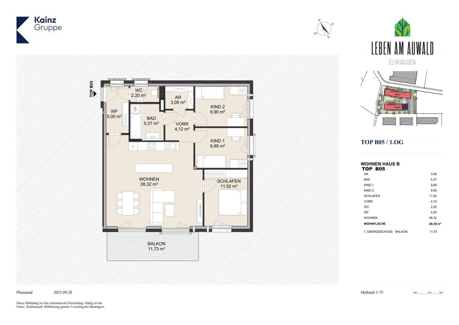Grundriss der Wohnung TOP B05 mit offenem Wohnbereich, zwei Schlafzimmern und Balkon.