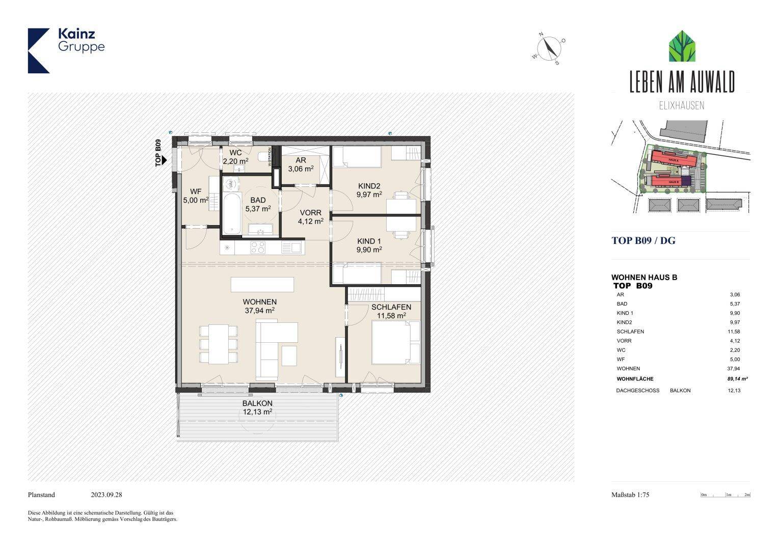 Grundriss der Wohneinheit B09 im Dachgeschoss mit offenem Wohnbereich und Balkon.