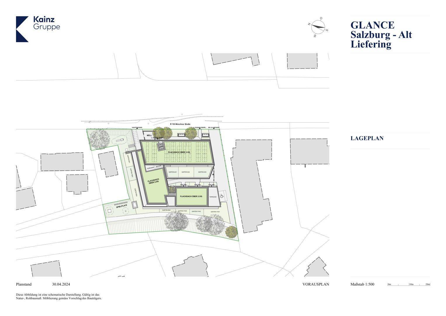 Lageplan des Grundstücks mit der geplanten Gebäudestruktur und den umliegenden Grünflächen.