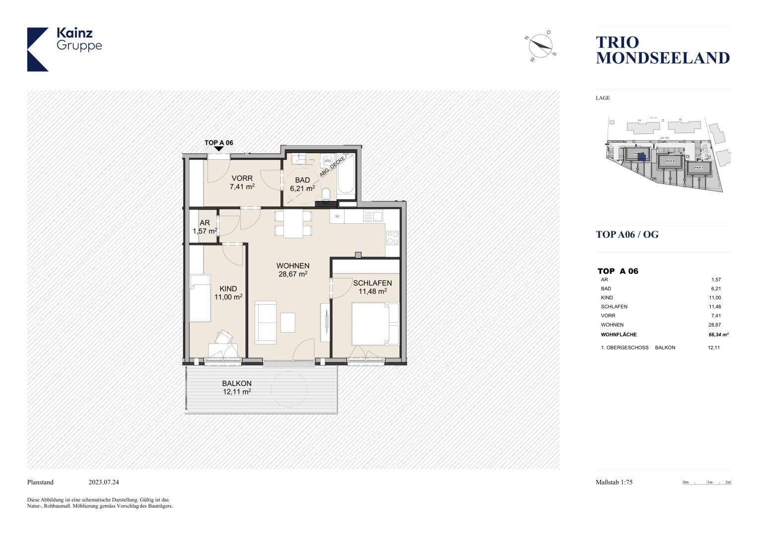 Grundriss einer Wohnung mit Schlafzimmern, Bad, Flur, Abstellraum und Balkon.