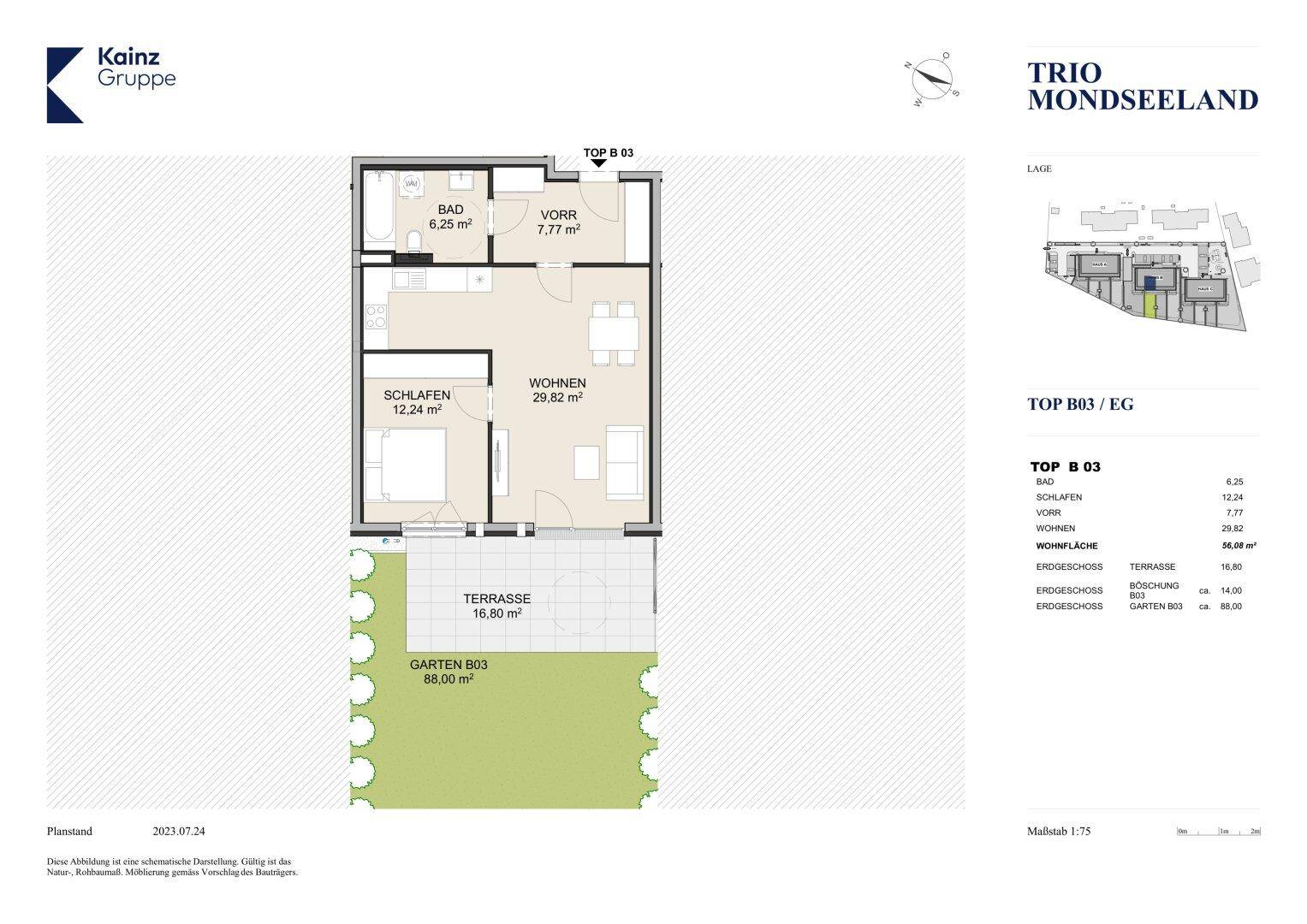 Grundriss einer Erdgeschosswohnung mit Schlafzimmer, Wohnbereich, Bad, Terrasse und Garten.