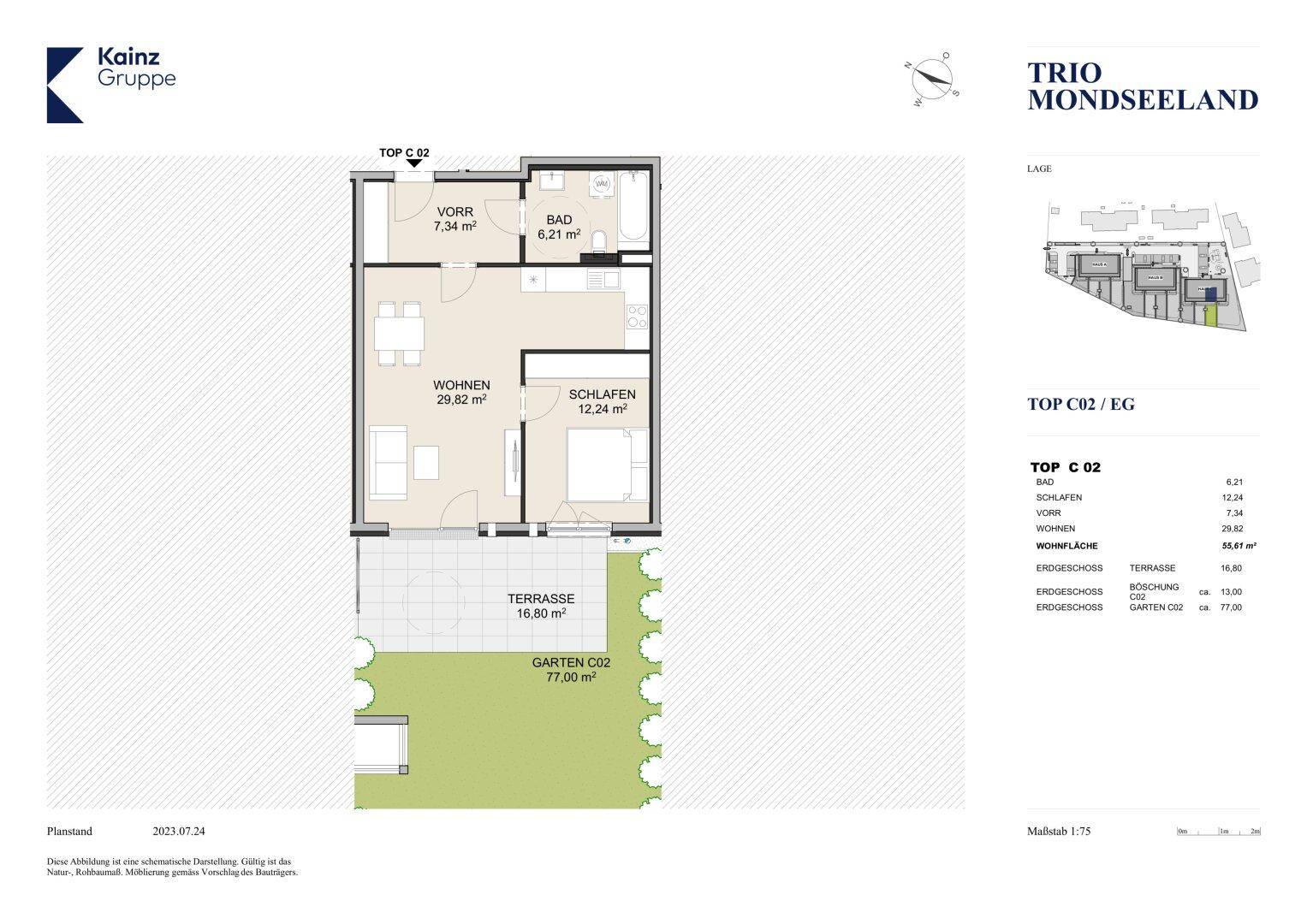 Grundriss einer Erdgeschosswohnung mit offenem Wohnbereich, Schlafzimmer, Bad, Terrasse und Garten.