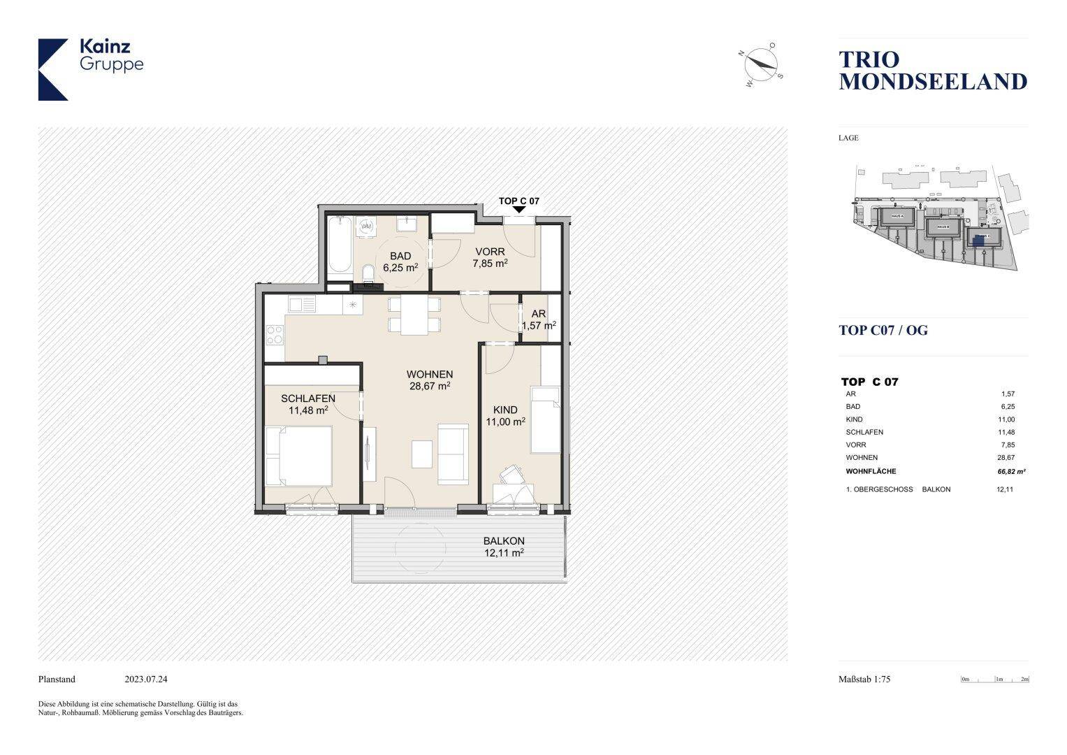 Grundriss der Wohnung TOP C 07 im Obergeschoss mit zwei Schlafzimmern und Balkon.