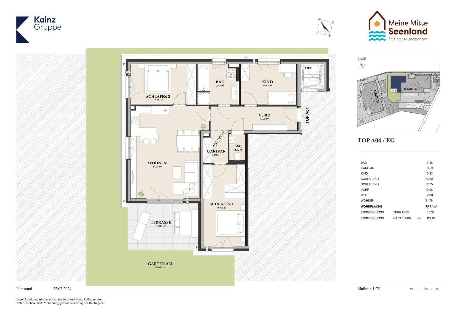 Grundriss einer Erdgeschosswohnung mit drei Schlafzimmern, offener Küche und Terrasse.