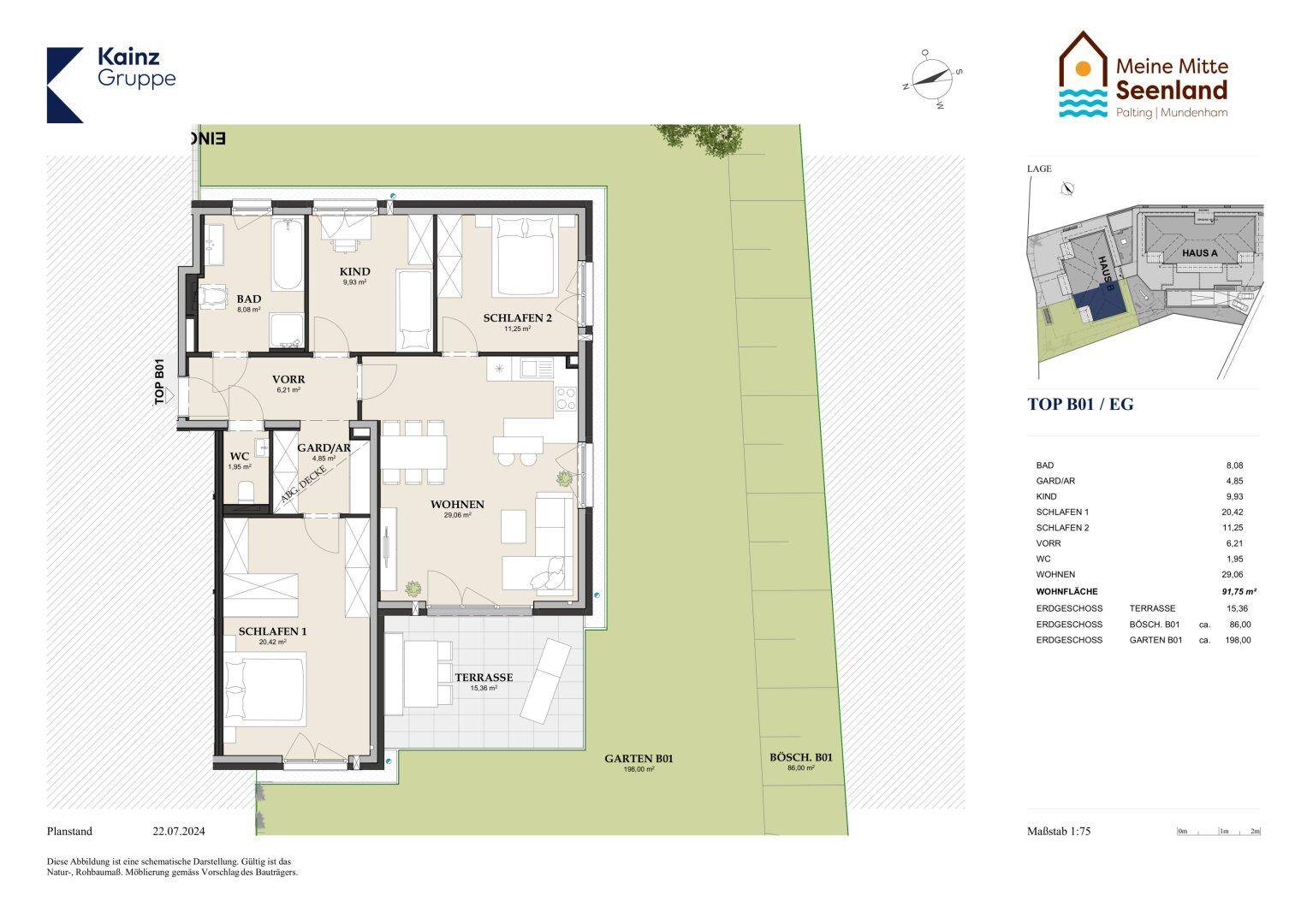 Grundriss einer Erdgeschosswohnung mit offenem Wohnbereich, zwei Bädern, Terrasse und Garten.