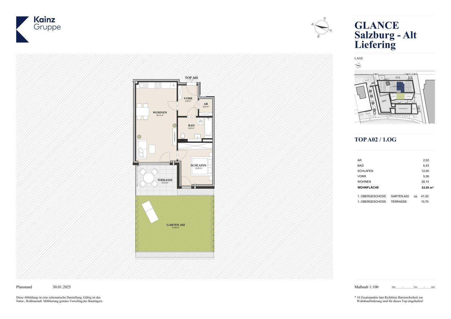 Detaillierter Grundriss der Wohnung A02 im ersten Obergeschoss mit Terrasse und Gartenanteil.