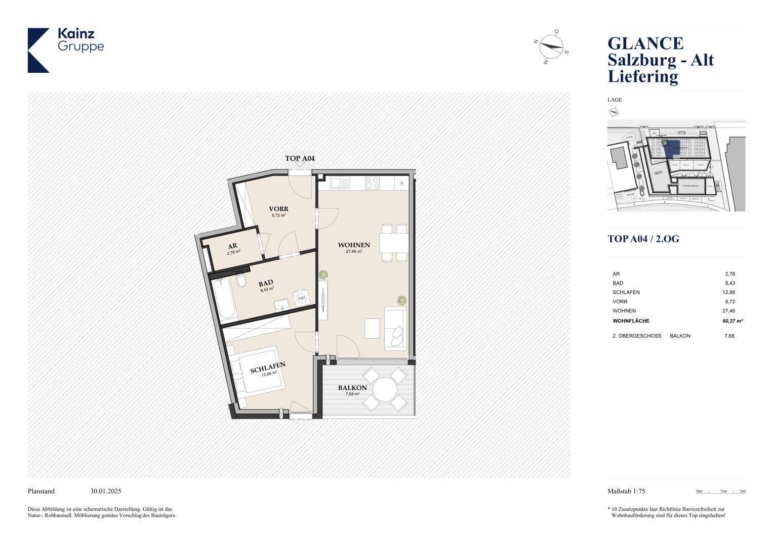 Detaillierter Grundriss einer Wohnung mit Schlafzimmer, Bad, Wohnbereich und Balkon.