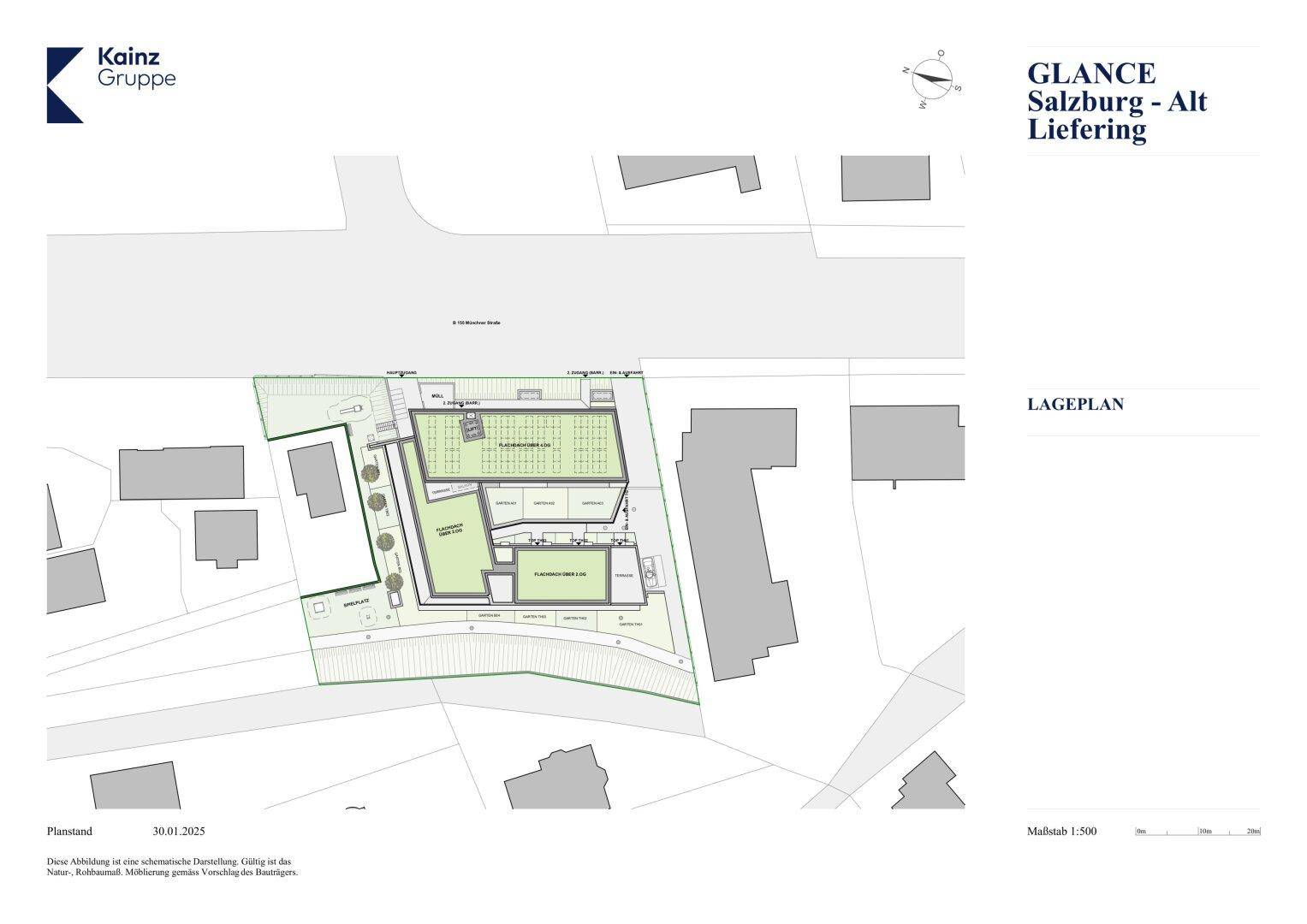 Übersichtlicher Lageplan des Gebäudes mit umliegenden Straßen und Grünflächen in Salzburg-Alt Liefering.