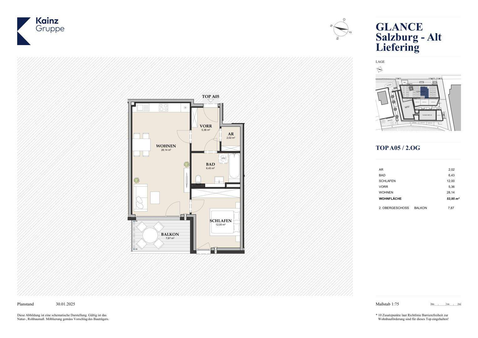 Detaillierter Grundriss der Wohnung TOP A05 im 2. Obergeschoss mit Balkon und offener Wohnküche.