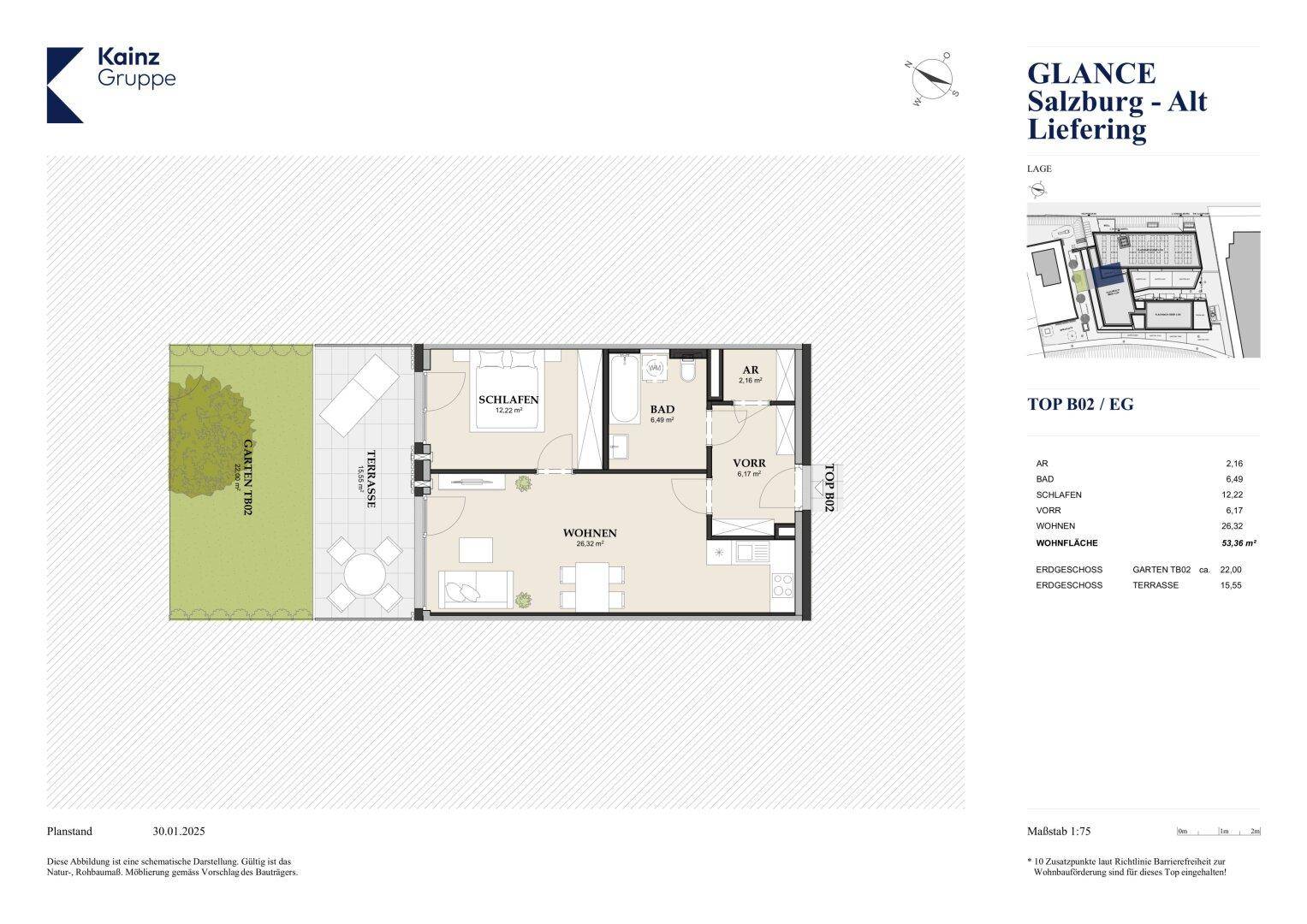 Detaillierter Grundriss der Erdgeschosswohnung TOP B02 mit Schlafzimmer, Wohnbereich, Bad, Terrasse und Garten.