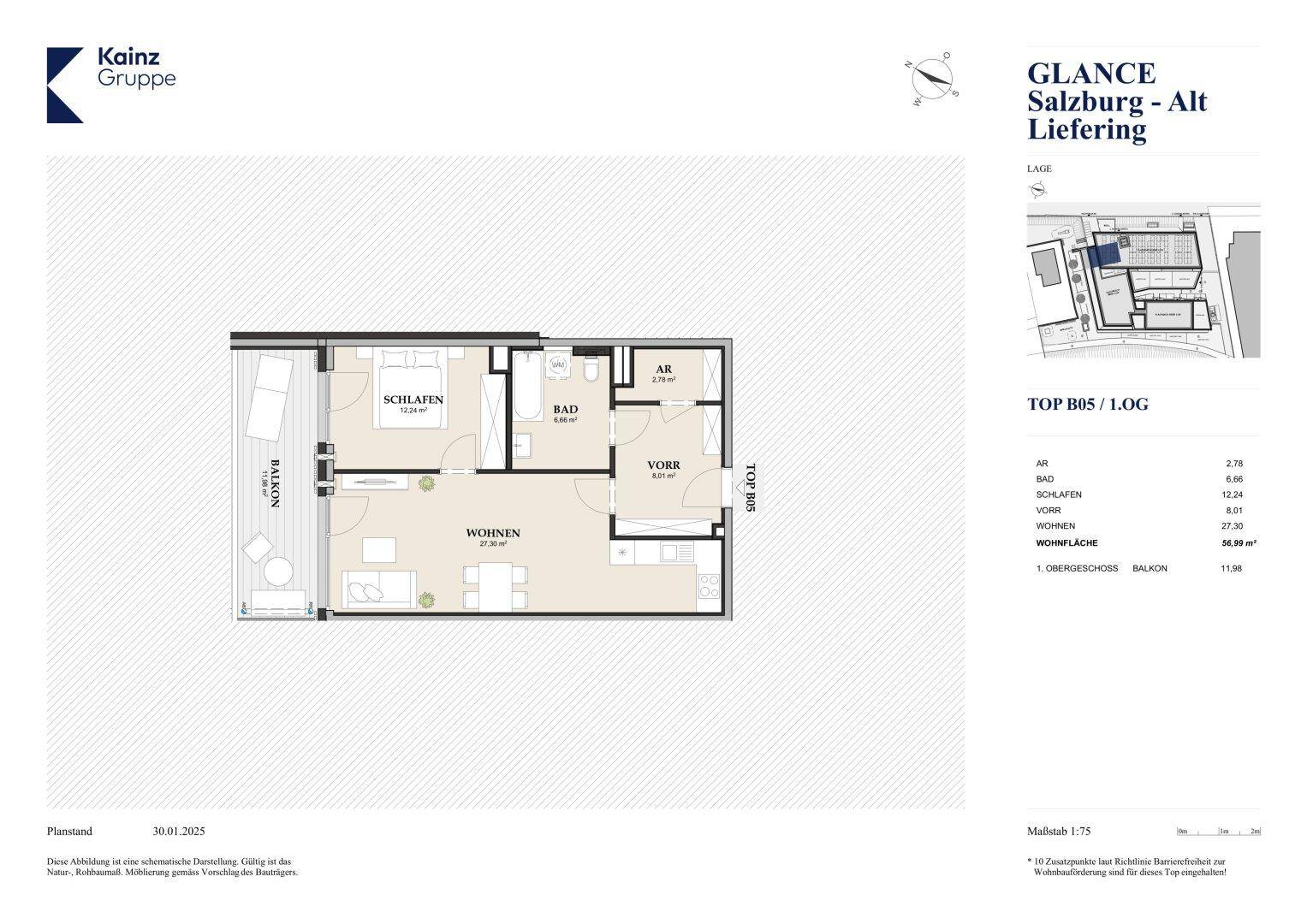 Grundriss einer Wohnung mit offenem Wohnbereich, Schlafzimmer, Bad und Balkon.