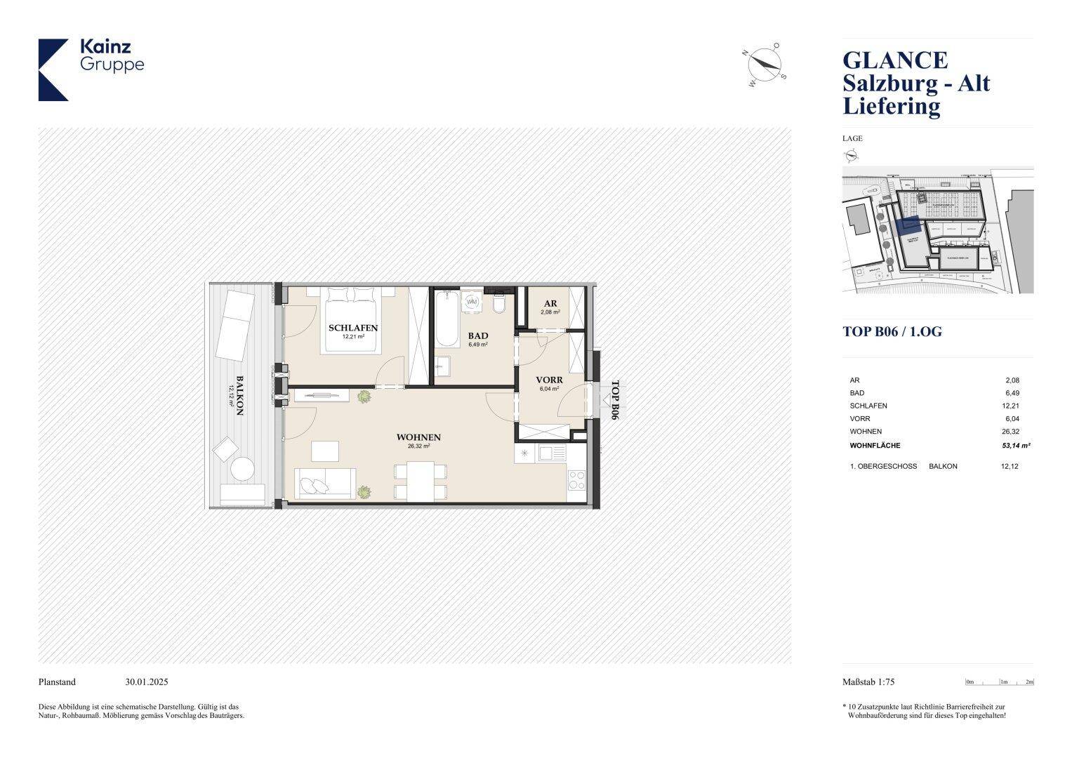 Grundriss der Wohnung TOP B06/LOG mit Schlafzimmer, Wohnbereich, Bad und Balkon.