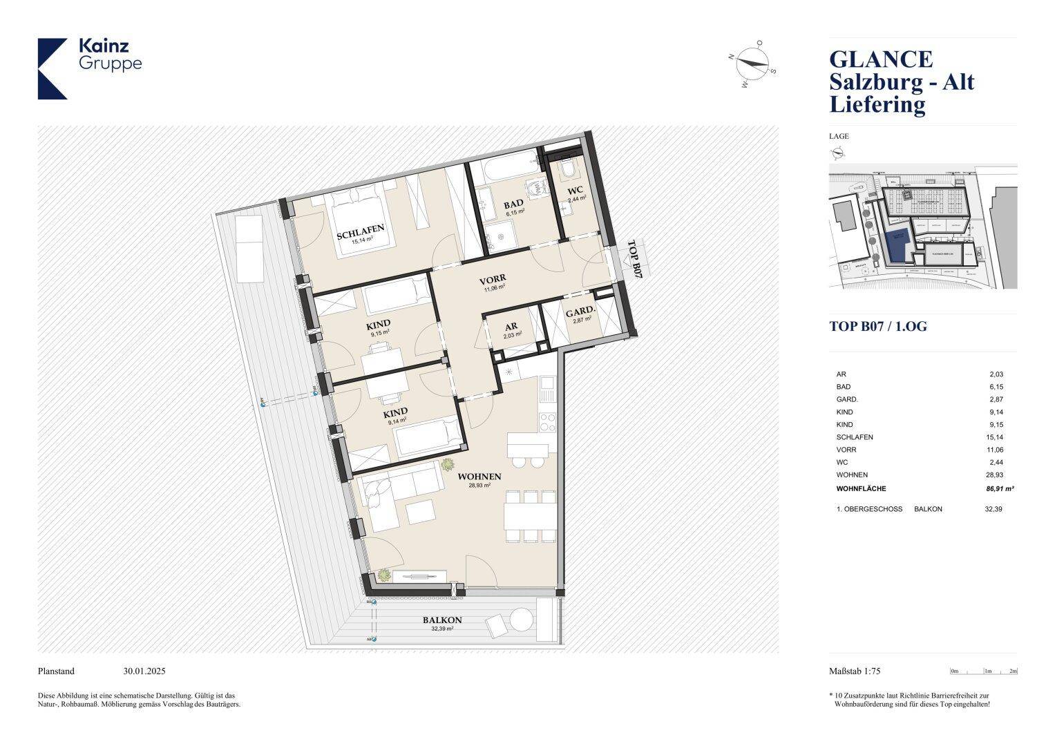 Grundriss der Wohnung TOP B07/1.OG mit drei Schlafzimmern, Bad, WC, Abstellraum und Balkon.
