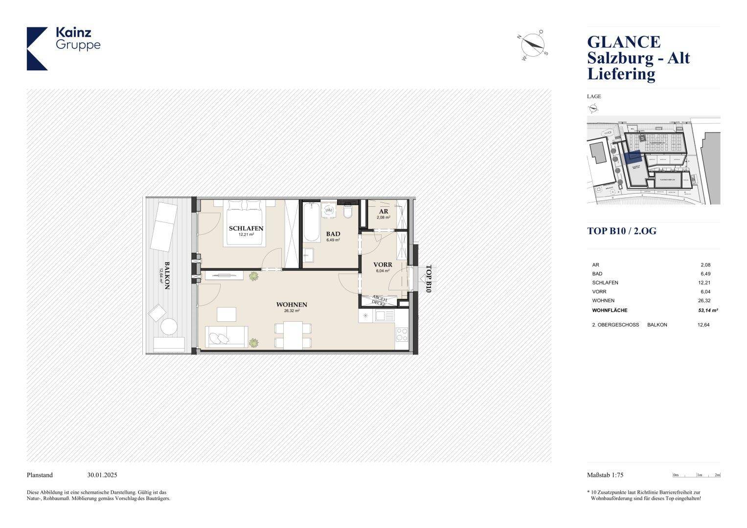 Detaillierter Grundriss einer Wohnung mit offenem Wohnbereich, Schlafzimmer und Balkon.