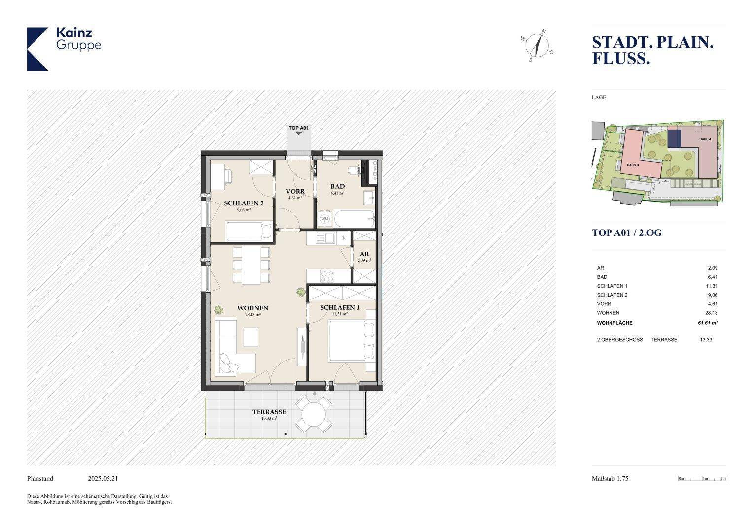 Detaillierter Grundriss einer Wohnung im zweiten Obergeschoss mit zwei Schlafzimmern und Terrasse.