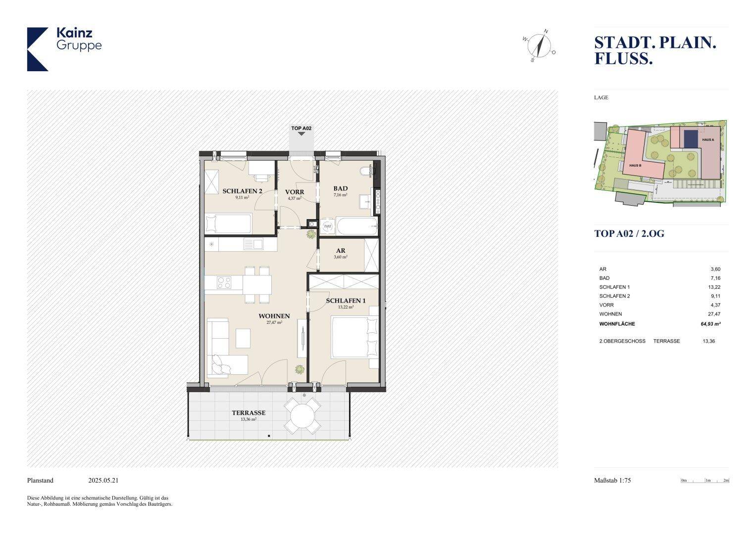 Detaillierter Grundriss einer Wohnung mit zwei Schlafzimmern, Bad und Terrasse.