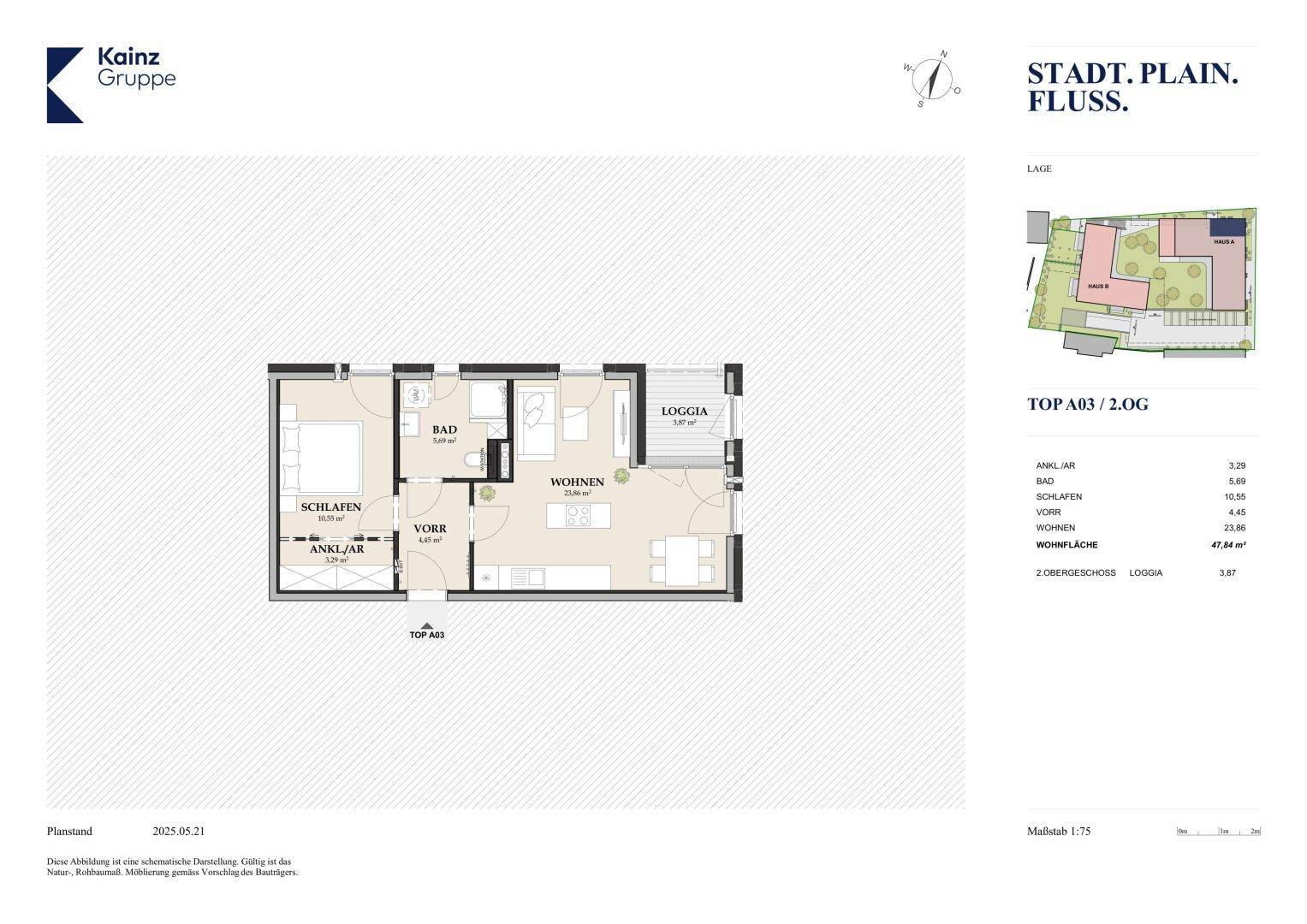Detaillierter Grundriss einer Wohnung mit Schlafzimmer, Bad, Wohnbereich und Loggia.