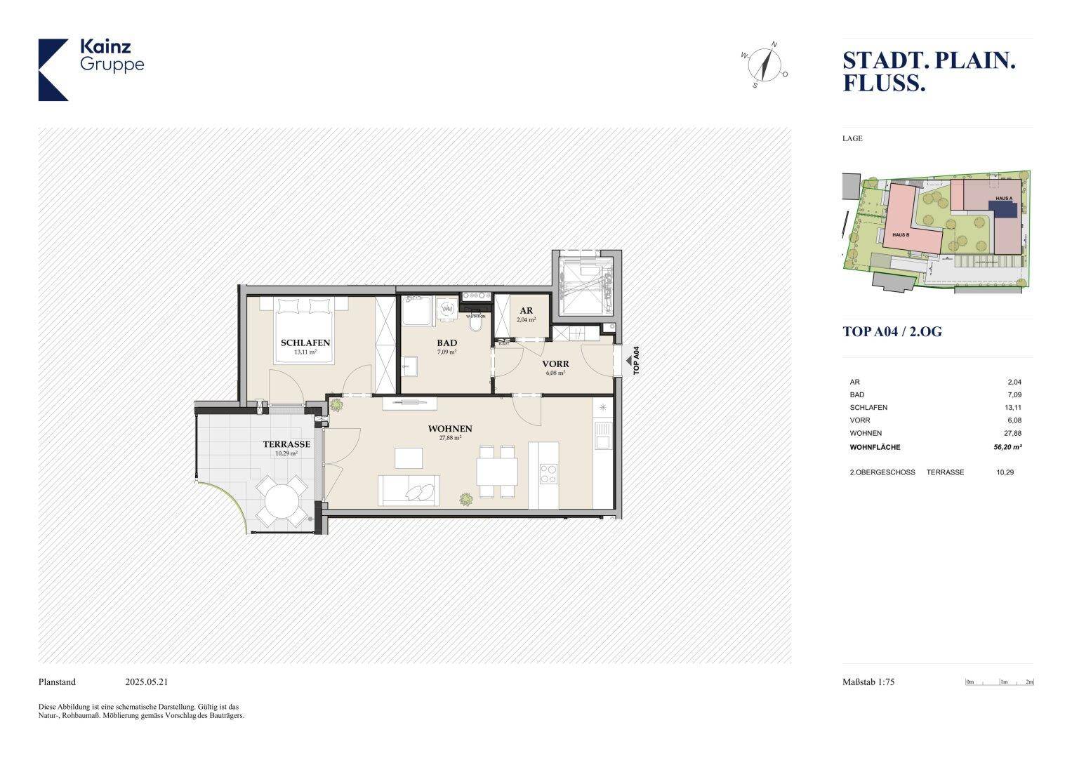 Grundriss einer Wohnung mit Schlafzimmer, Bad, Wohnbereich und großer Terrasse.
