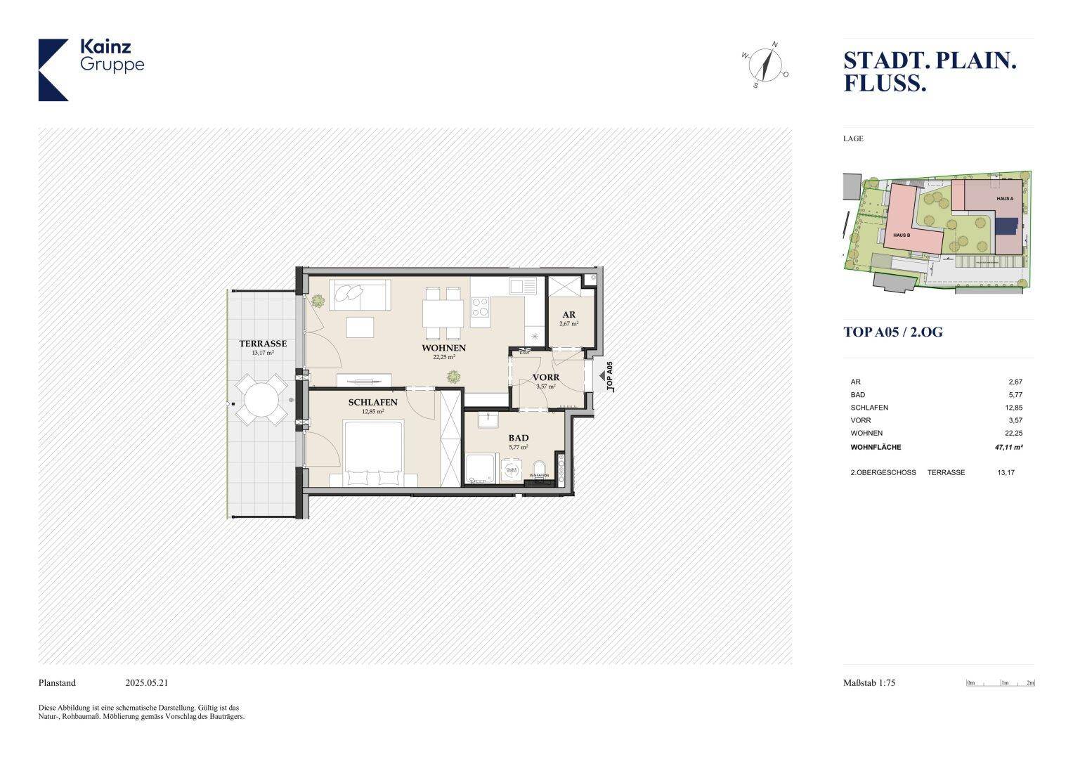 Grundriss einer Wohnung mit einem Schlafzimmer, Bad, Abstellraum und großer Terrasse.