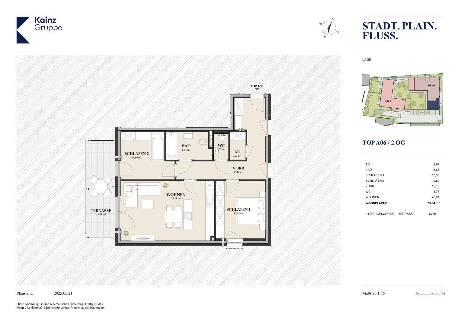 Grundriss einer Wohnung mit zwei Schlafzimmern, offenem Wohnbereich und großer Terrasse.