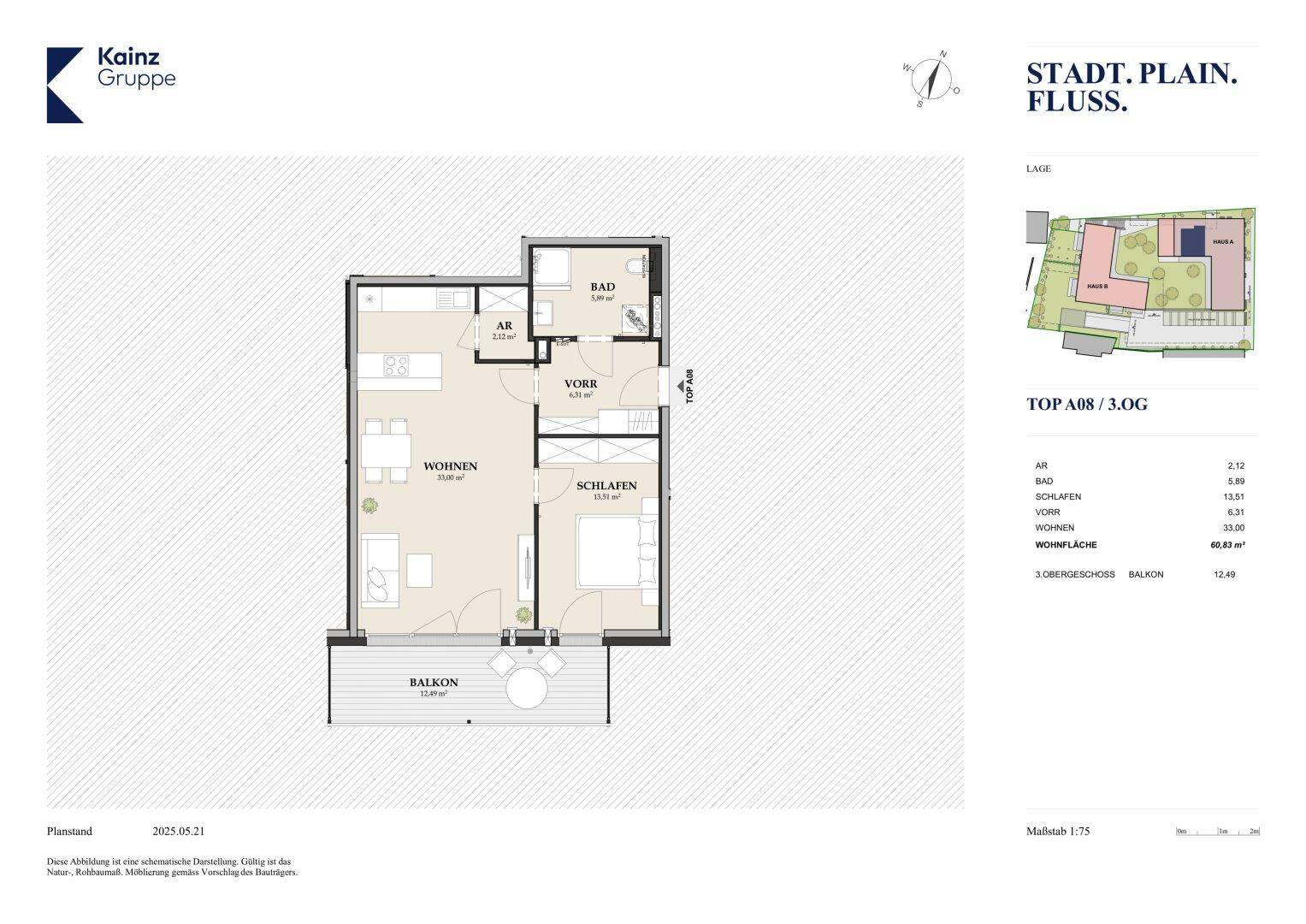 Grundriss einer Wohnung im dritten Obergeschoss mit Wohnzimmer, Schlafzimmer und Balkon.