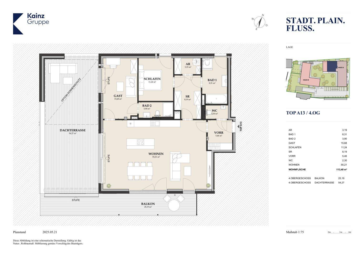 Detaillierter Grundriss einer Wohnung mit Dachterrasse, Balkon und drei Schlafzimmern.