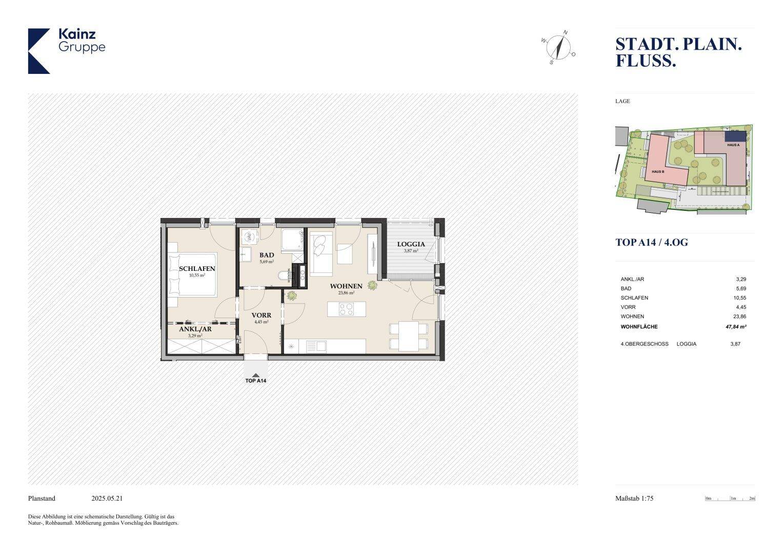 Detaillierter Grundriss einer Wohnung mit Schlafzimmer, Bad, Wohnbereich und Loggia.