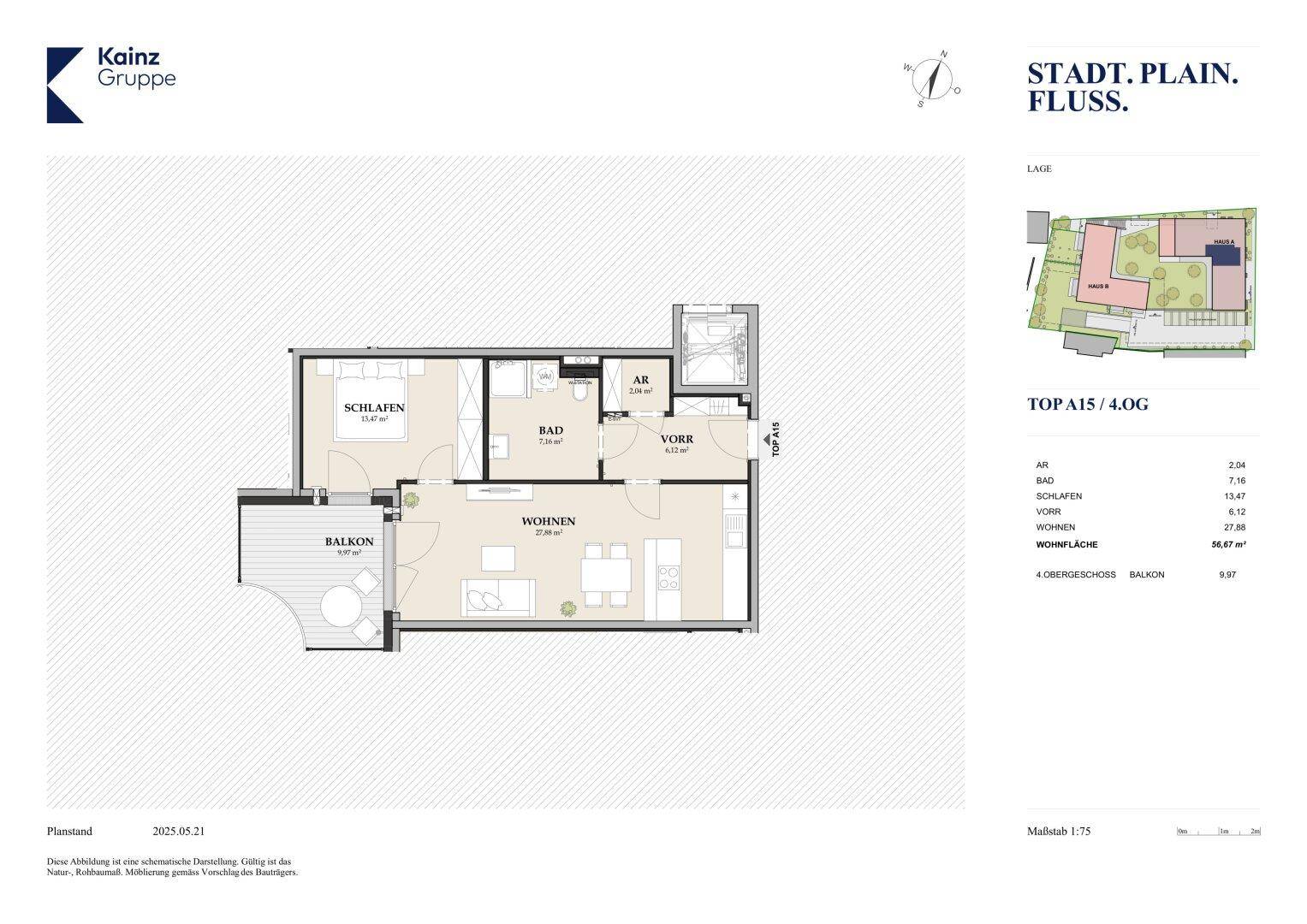 Grundriss einer Wohnung mit Balkon, Schlafzimmer, Bad und offenem Wohnbereich.