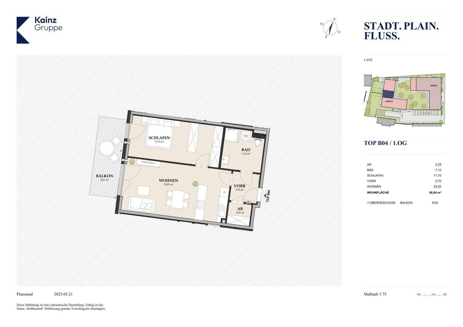Grundriss einer Wohnung mit Wohnzimmer, Schlafzimmer, Bad und Balkon.