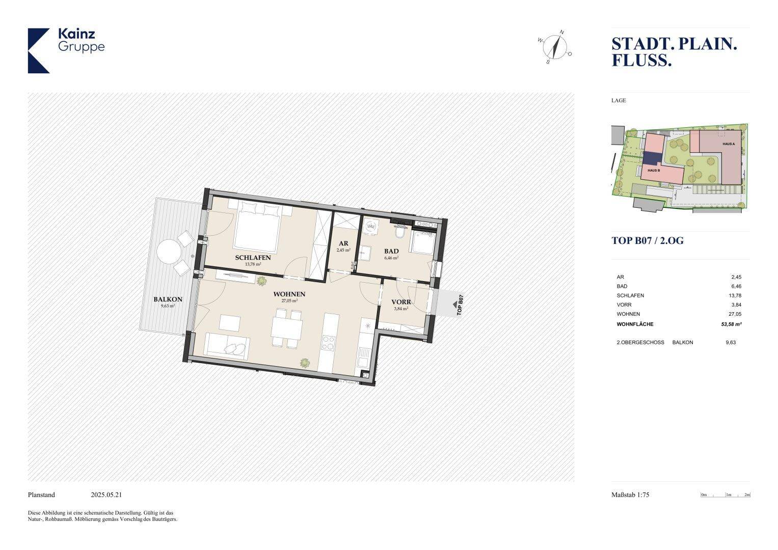 Grundriss einer Wohnung im zweiten Obergeschoss mit Schlafzimmer, Wohnbereich und Balkon.