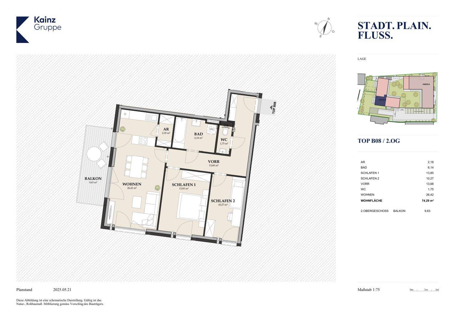 Grundriss einer Wohnung mit zwei Schlafzimmern, offenem Wohnbereich und Balkon.