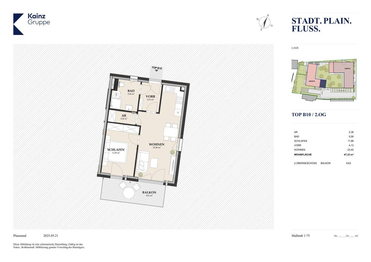 Grundriss für eine Wohnung im 2. Obergeschoss mit Schlafzimmer, Bad und Balkon.
